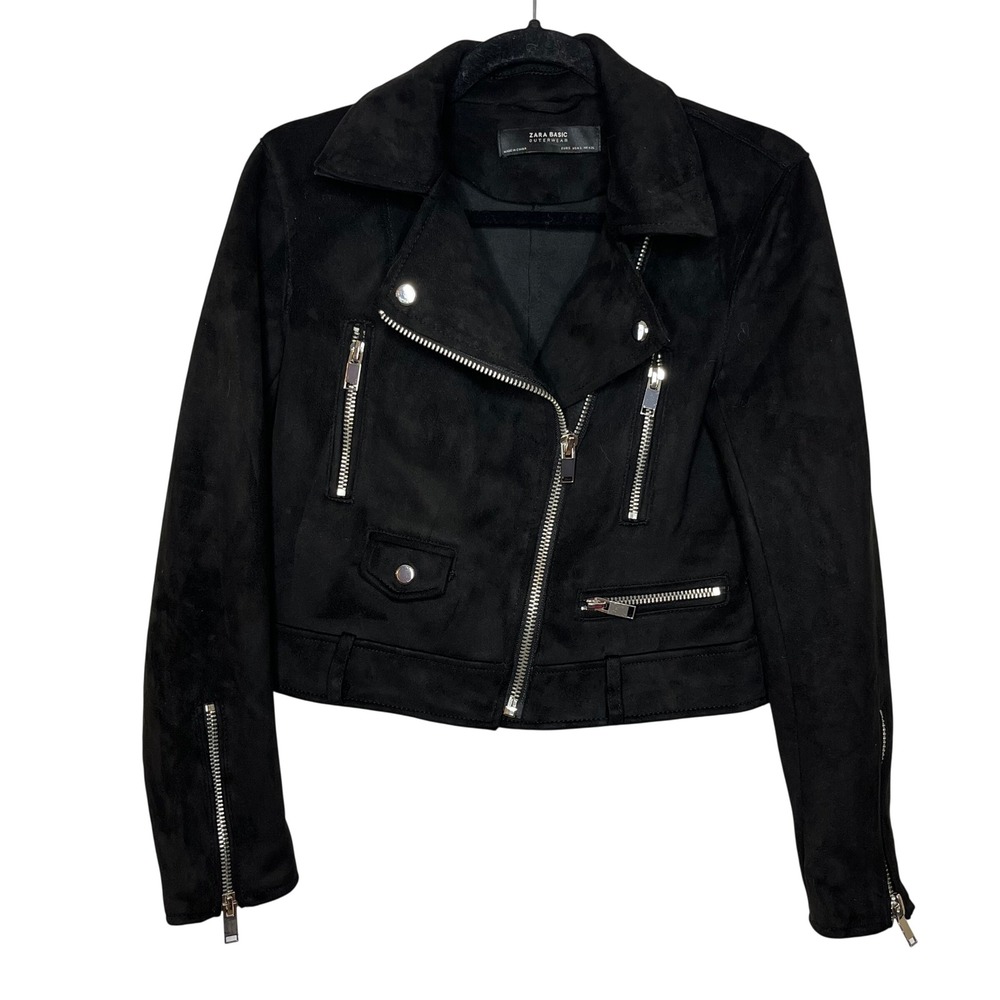 Zara‎ Basic Faux Suede Moto Biker Black Jacket SIZE SMALL Zip Pocket
